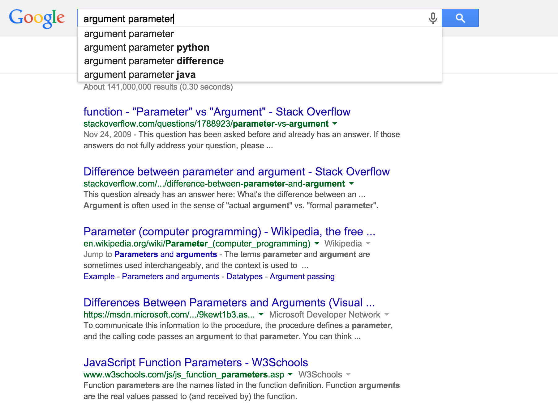 Google search for parameter versus argument